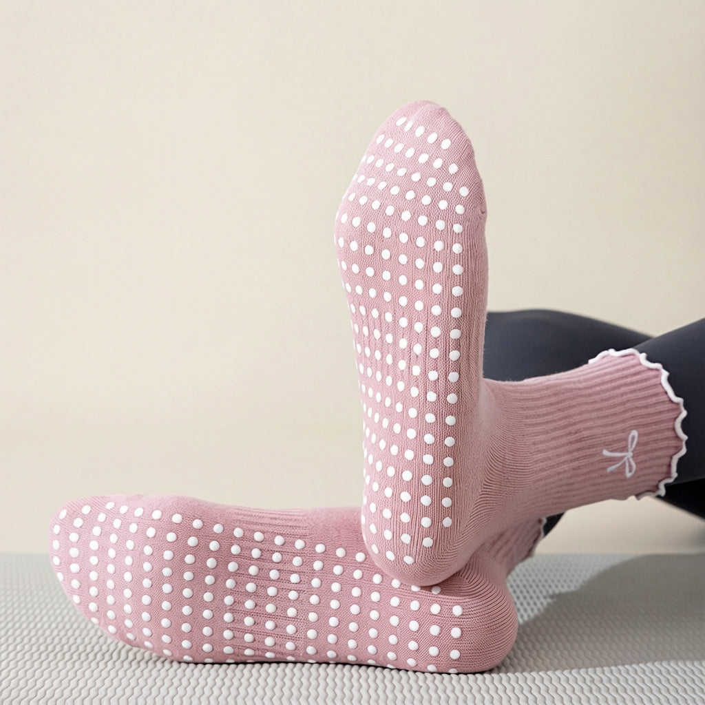 Professional Non-Slip Mid-Calf Yoga & Pilates Socks with Lace, Bow, and Embroidery