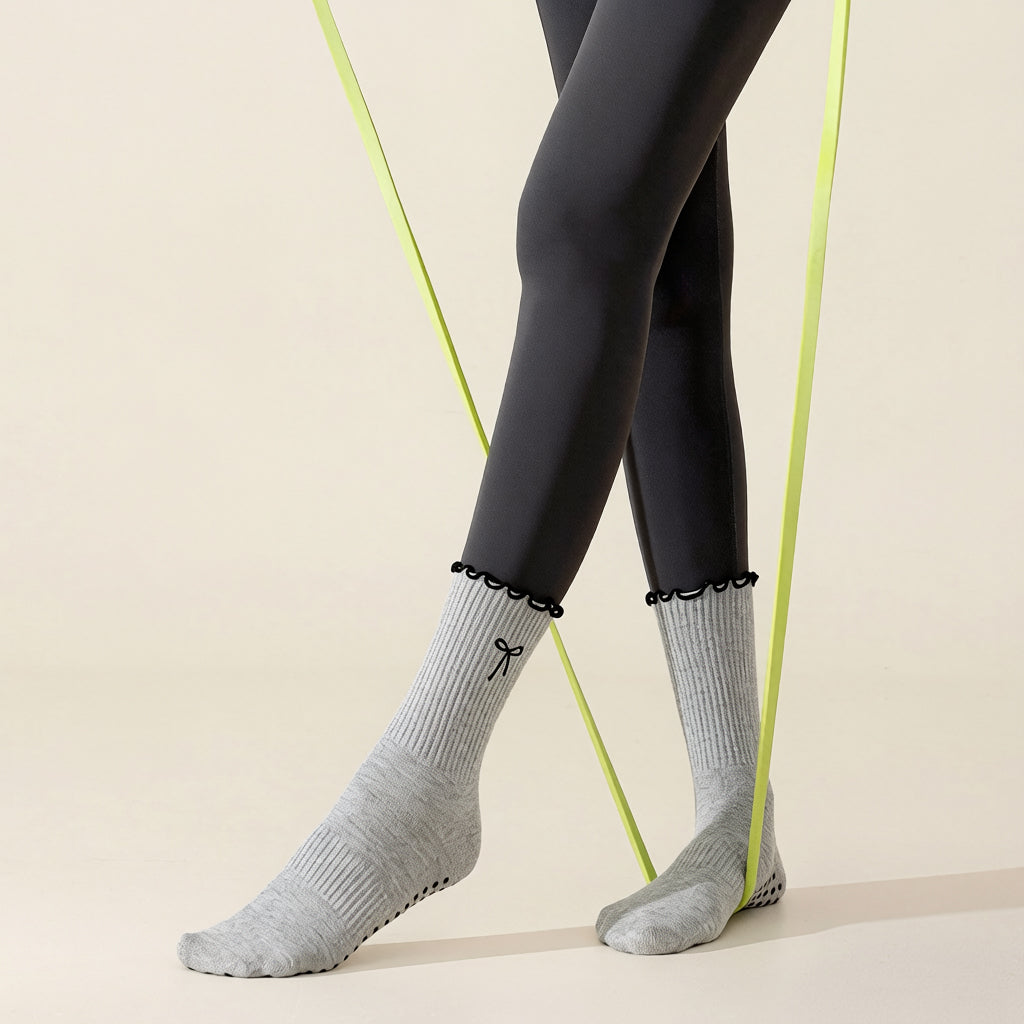 Professional Non-Slip Mid-Calf Yoga & Pilates Socks with Lace, Bow, and Embroidery