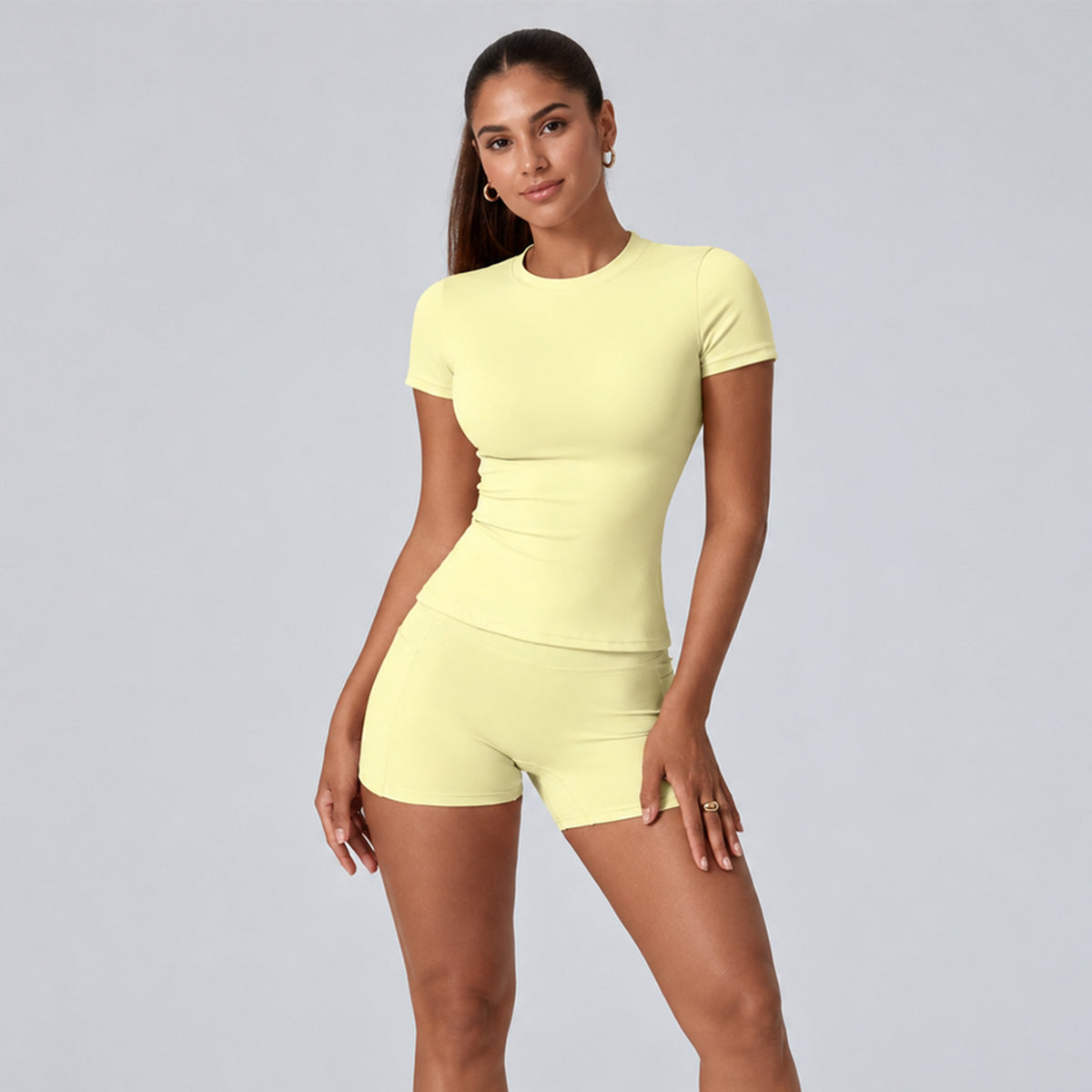 Yoga Set: Tummy-Control & Butt-Lifting Shorts with Slim-Fit Short-Sleeve Top