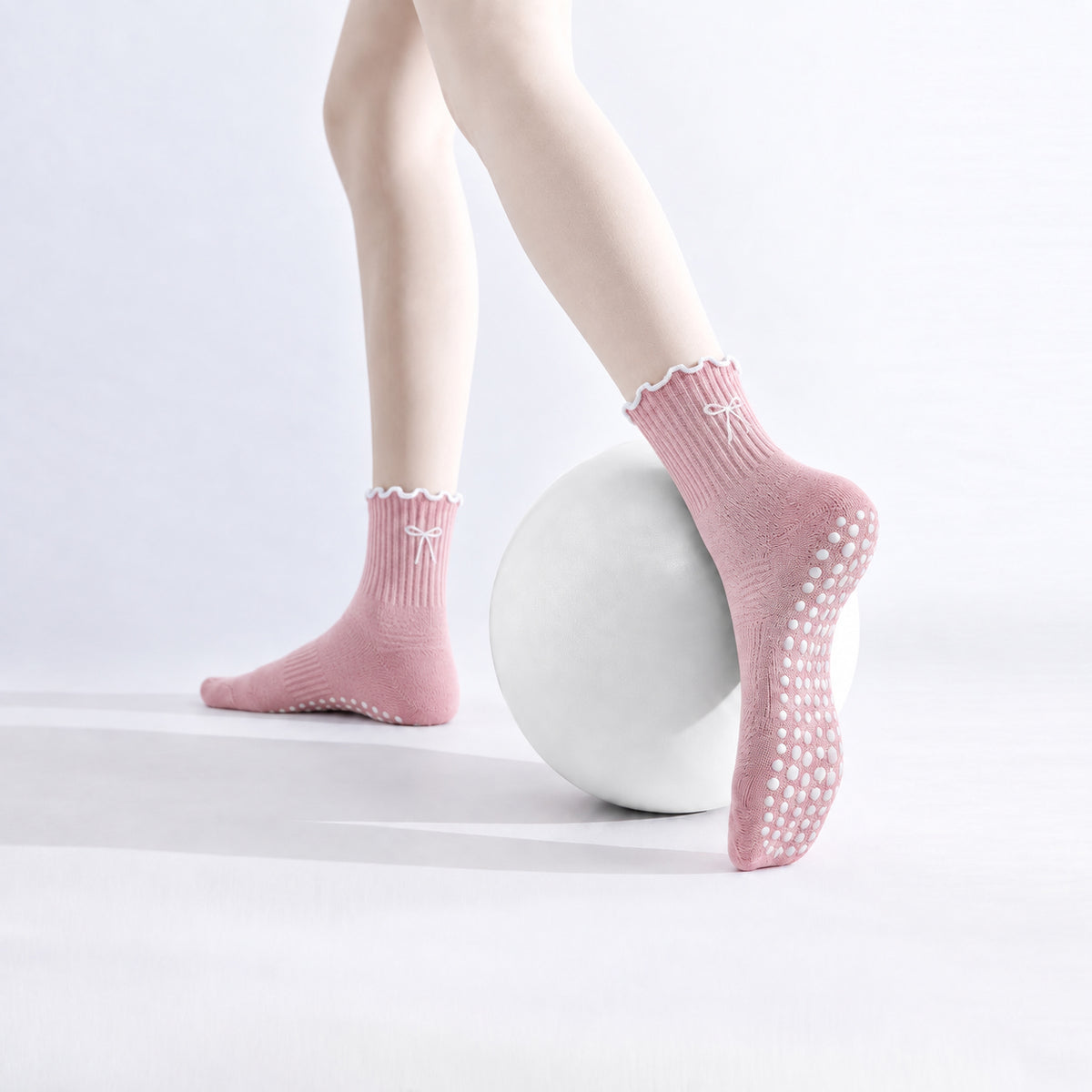 Professional Non-Slip Mid-Calf Yoga & Pilates Socks with Lace, Bow, and Embroidery