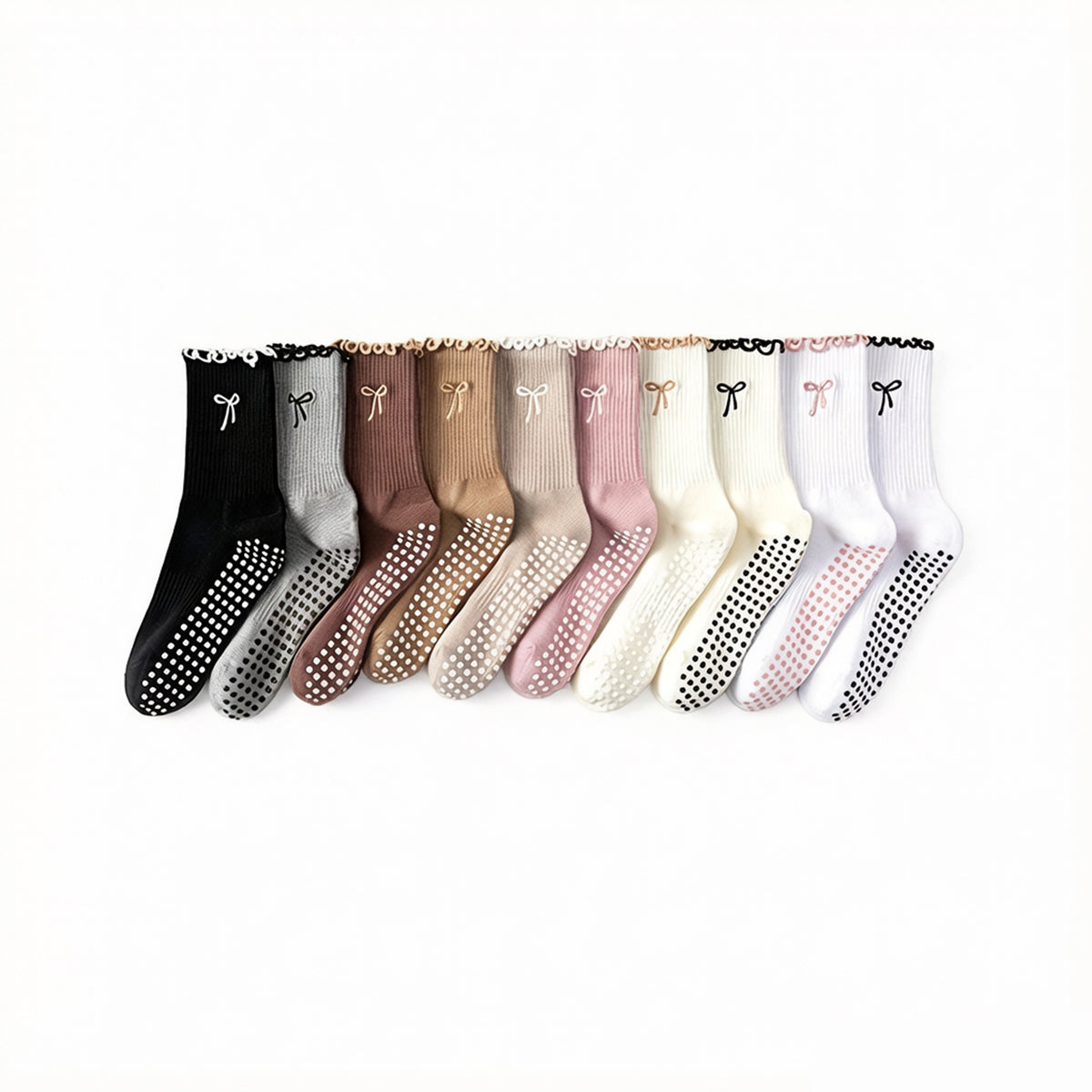Professional Non-Slip Mid-Calf Yoga & Pilates Socks with Lace, Bow, and Embroidery