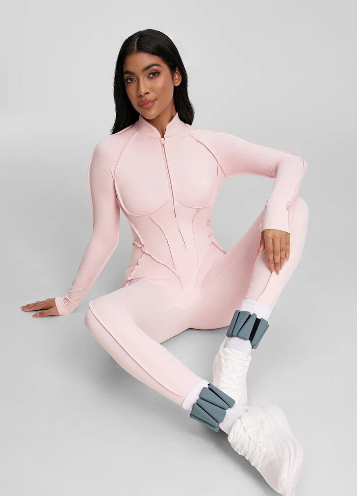 Yoga Pilates bodysuit, stylish and sophisticated long-sleeved zippered women's fitness wear.