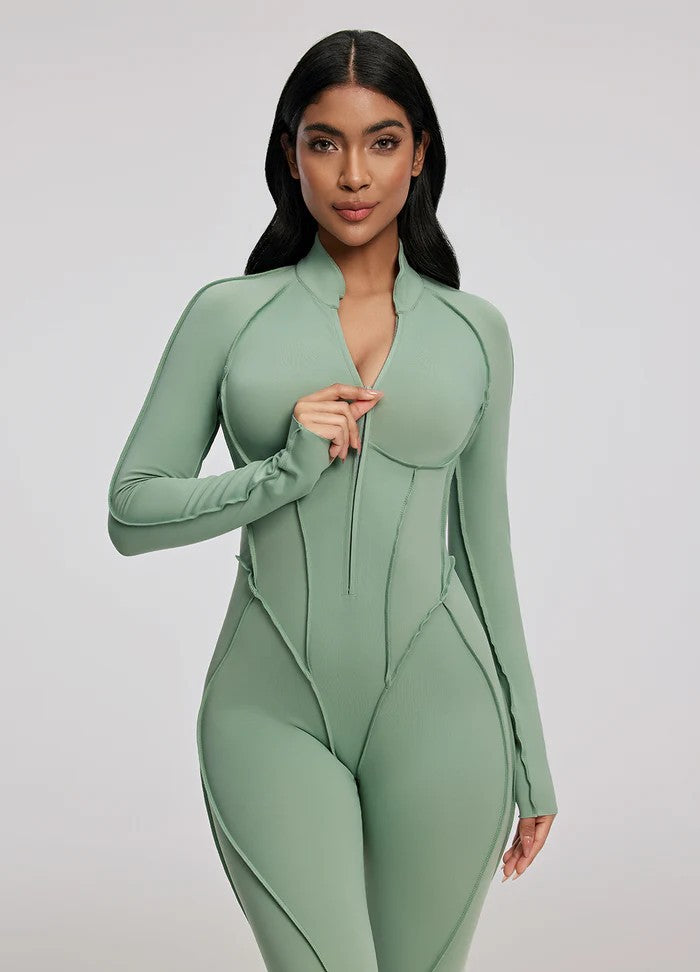Yoga Pilates bodysuit, stylish and sophisticated long-sleeved zippered women's fitness wear.