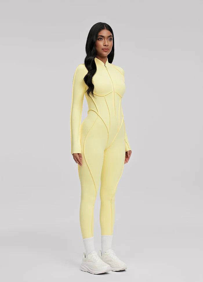 Yoga Pilates bodysuit, stylish and sophisticated long-sleeved zippered women's fitness wear.