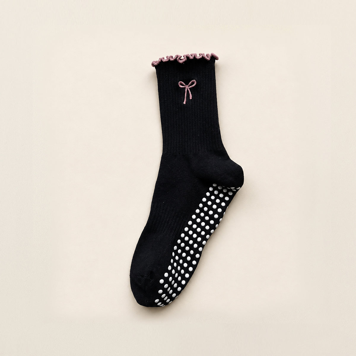 Professional Non-Slip Mid-Calf Yoga & Pilates Socks with Lace, Bow, and Embroidery
