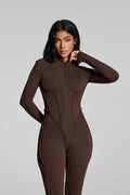 Yoga Pilates bodysuit, stylish and sophisticated long-sleeved zippered women's fitness wear.
