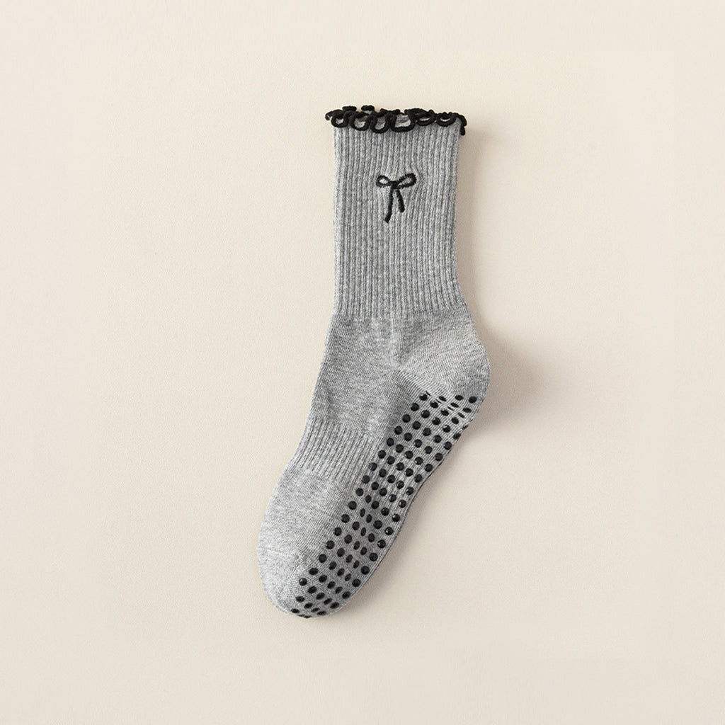 Professional Non-Slip Mid-Calf Yoga & Pilates Socks with Lace, Bow, and Embroidery