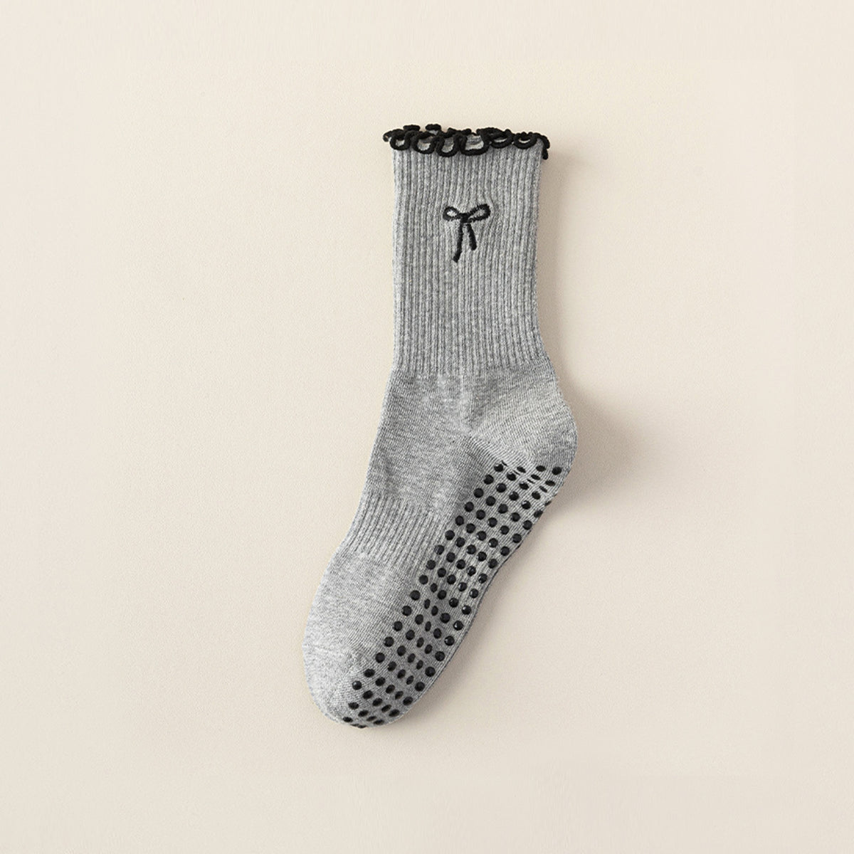 Professional Non-Slip Mid-Calf Yoga & Pilates Socks with Lace, Bow, and Embroidery