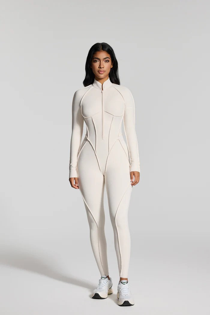Yoga Pilates bodysuit, stylish and sophisticated long-sleeved zippered women's fitness wear.