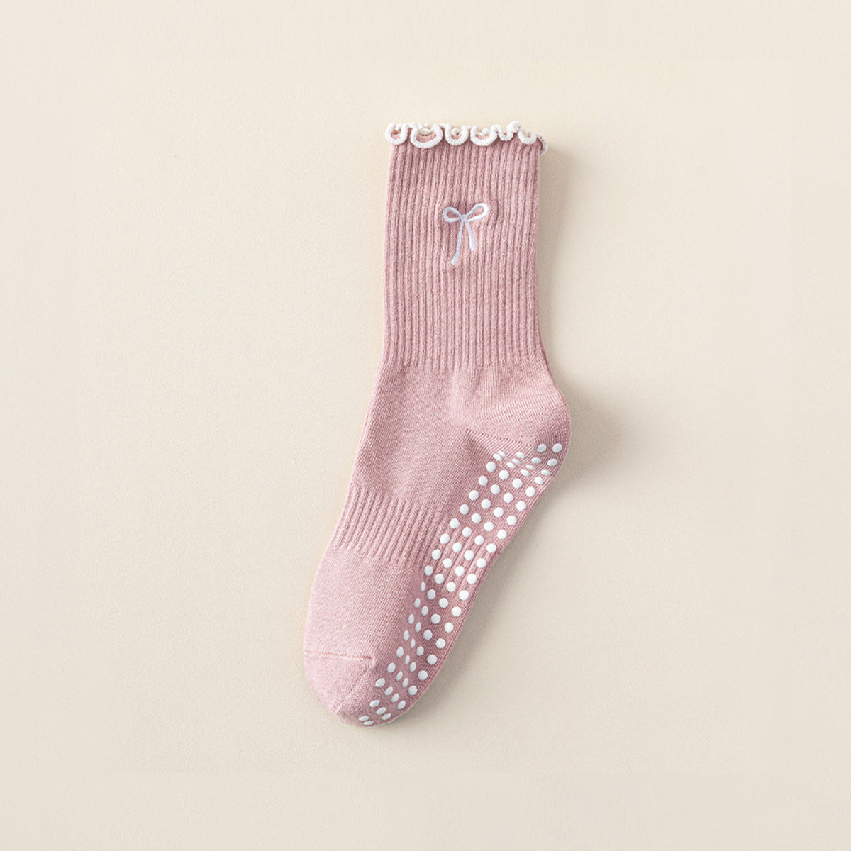 Professional Non-Slip Mid-Calf Yoga & Pilates Socks with Lace, Bow, and Embroidery