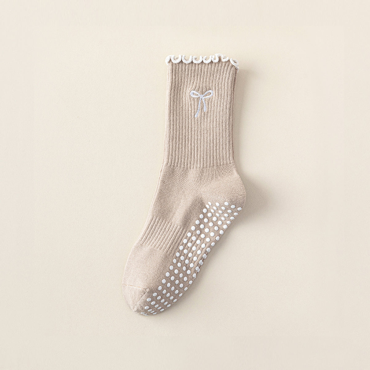 Professional Non-Slip Mid-Calf Yoga & Pilates Socks with Lace, Bow, and Embroidery