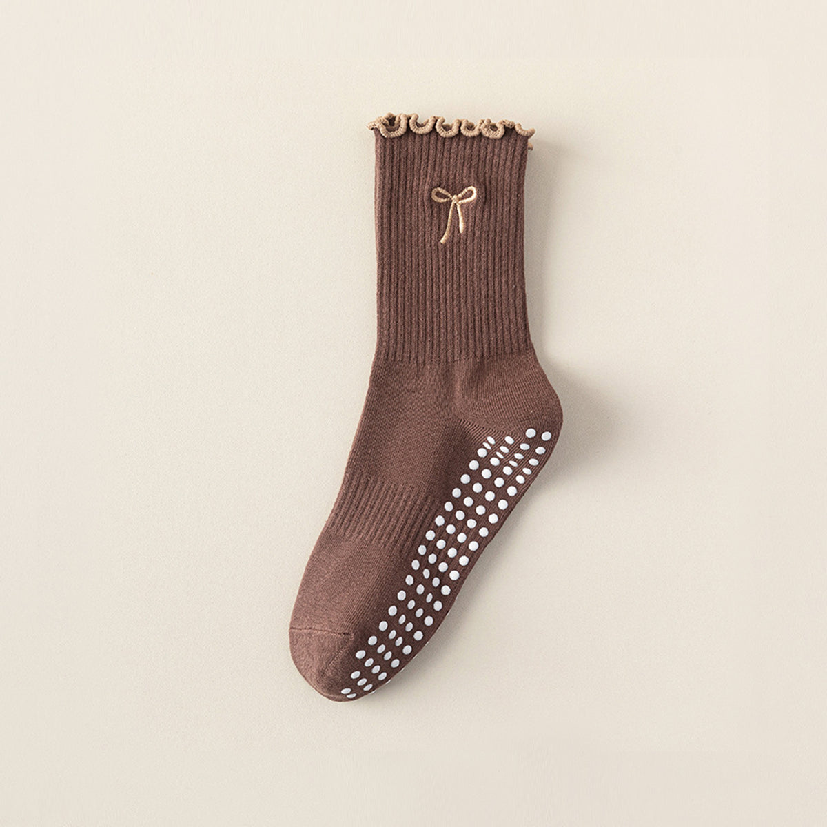 Professional Non-Slip Mid-Calf Yoga & Pilates Socks with Lace, Bow, and Embroidery