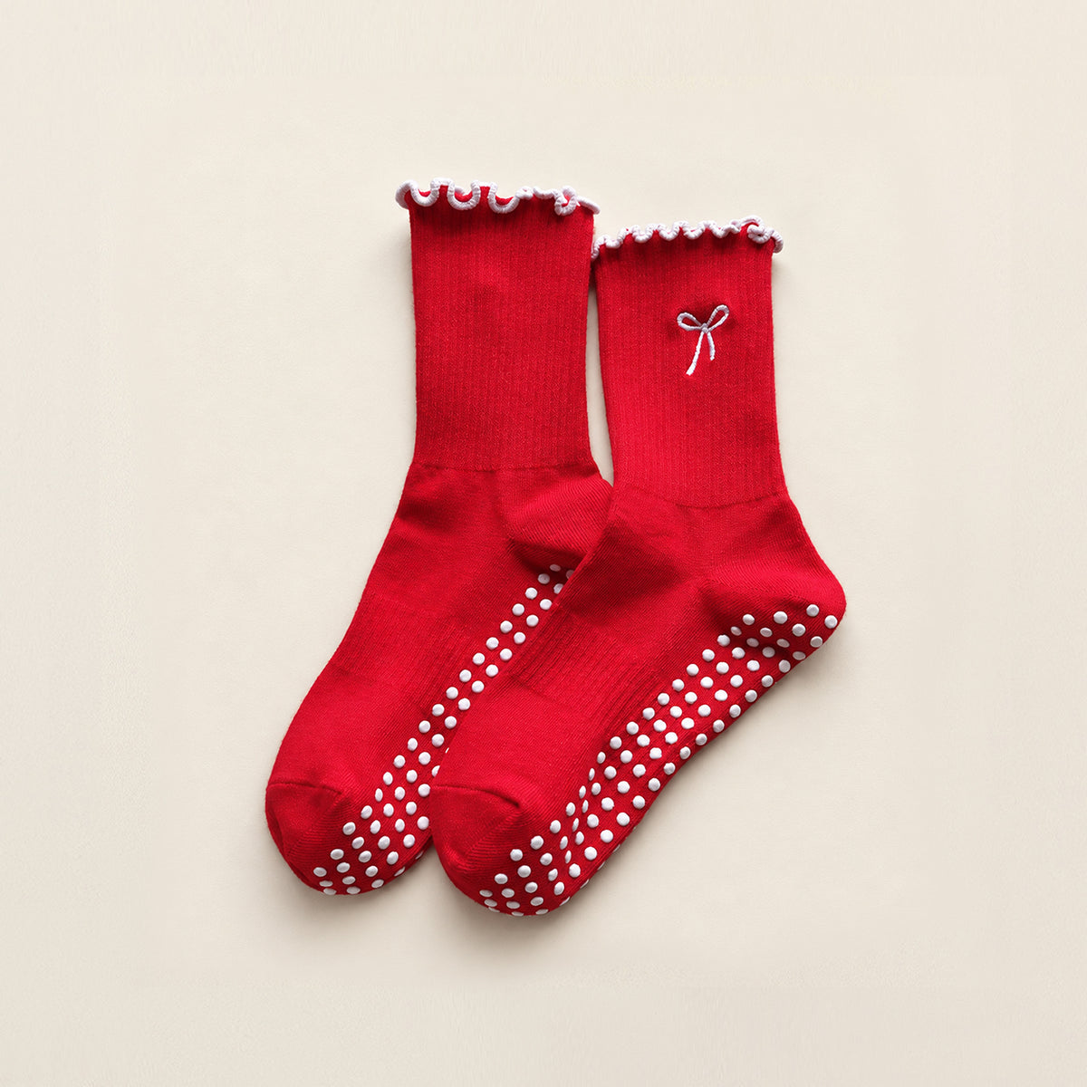 Professional Non-Slip Mid-Calf Yoga & Pilates Socks with Lace, Bow, and Embroidery